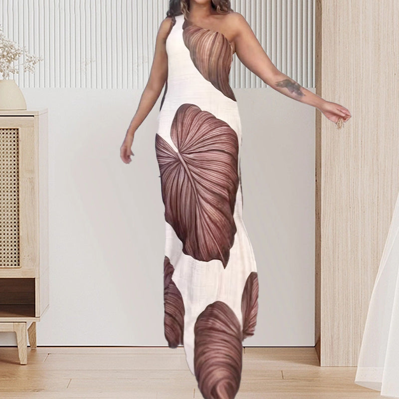 🎁Schlankes One-Shoulder-Maxikleid mit Palmenmuster