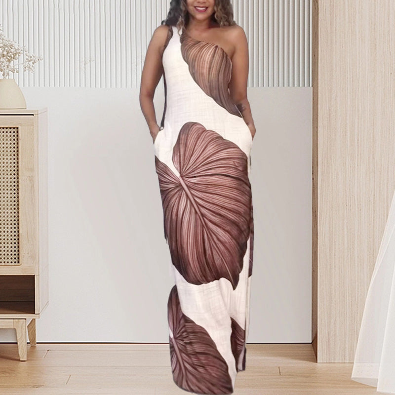 🎁Schlankes One-Shoulder-Maxikleid mit Palmenmuster