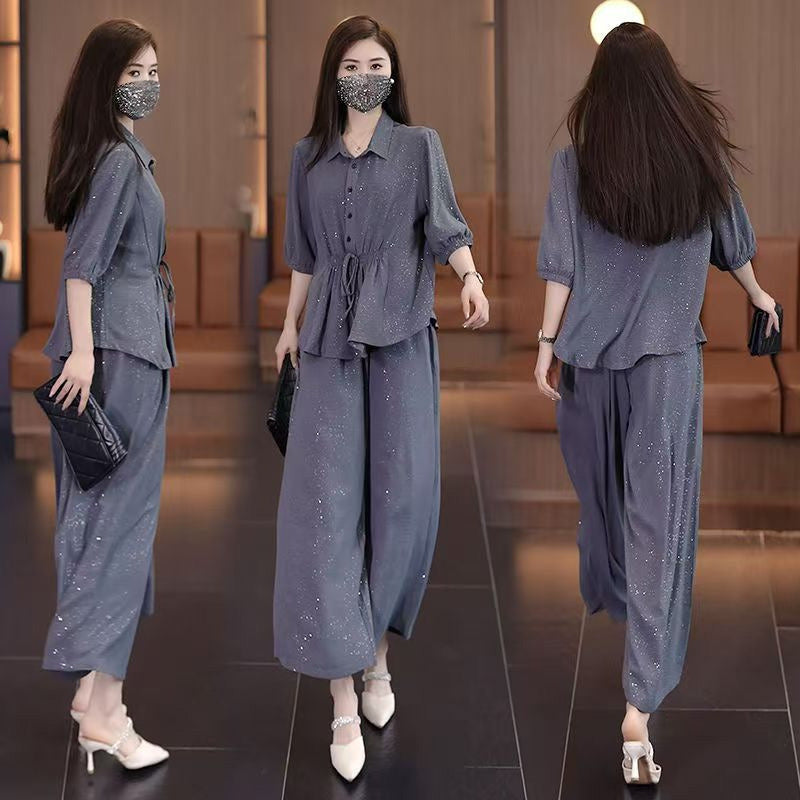 🔥Modischer, einfarbiger, glitzernder Zweiteiler: Bluse & weite Hose