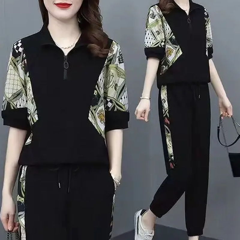 🎁 💥Damen Floral Patchwork Sport Kurzarm Top & Casual Hose Set