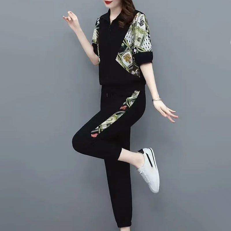 🎁 💥Damen Floral Patchwork Sport Kurzarm Top & Casual Hose Set