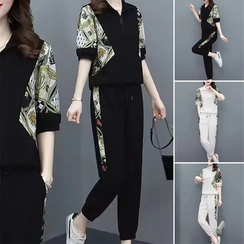🎁 💥Damen Floral Patchwork Sport Kurzarm Top & Casual Hose Set