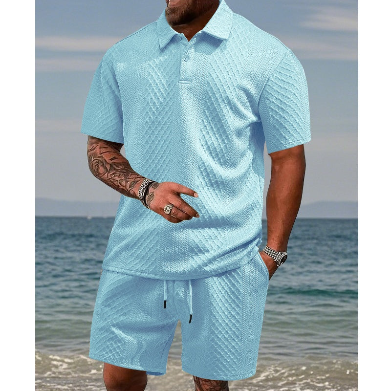 👑🔥Herren-Zweiteiler mit Rautenstruktur: Kurzarmhemd mit Kragen & Shorts mit Kordelzug