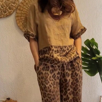🔥Stilvolles zweiteiliges Set mit kurzärmligem Patchwork-Oberteil und Hose mit weitem Bein