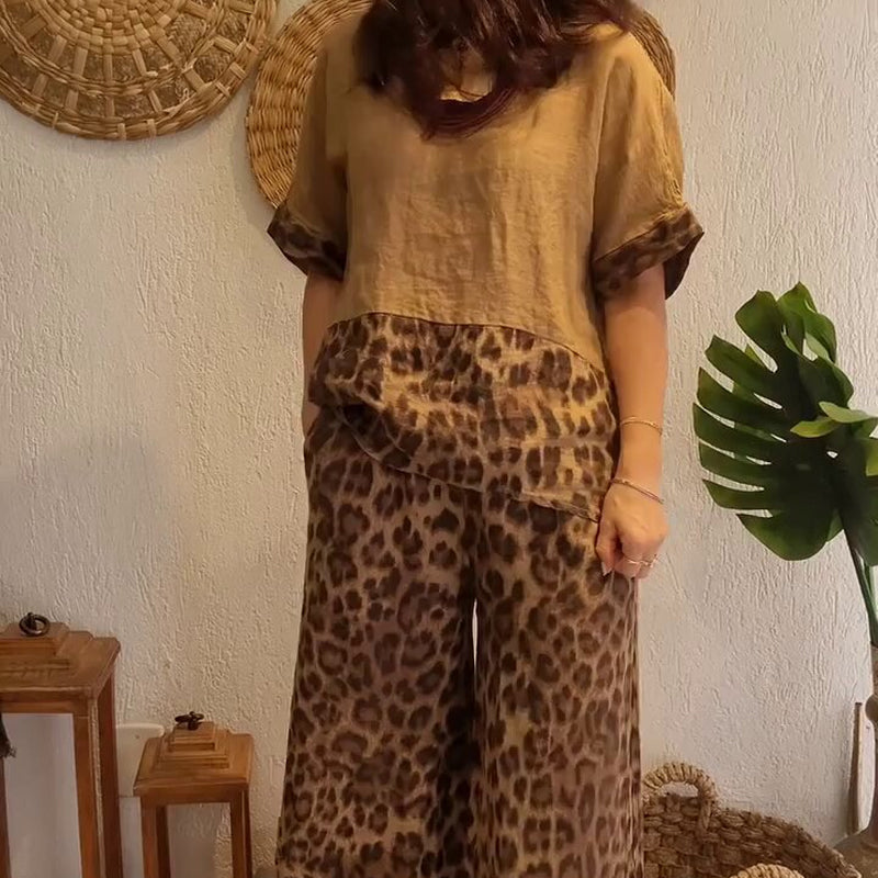 🔥Stilvolles zweiteiliges Set mit kurzärmligem Patchwork-Oberteil und Hose mit weitem Bein