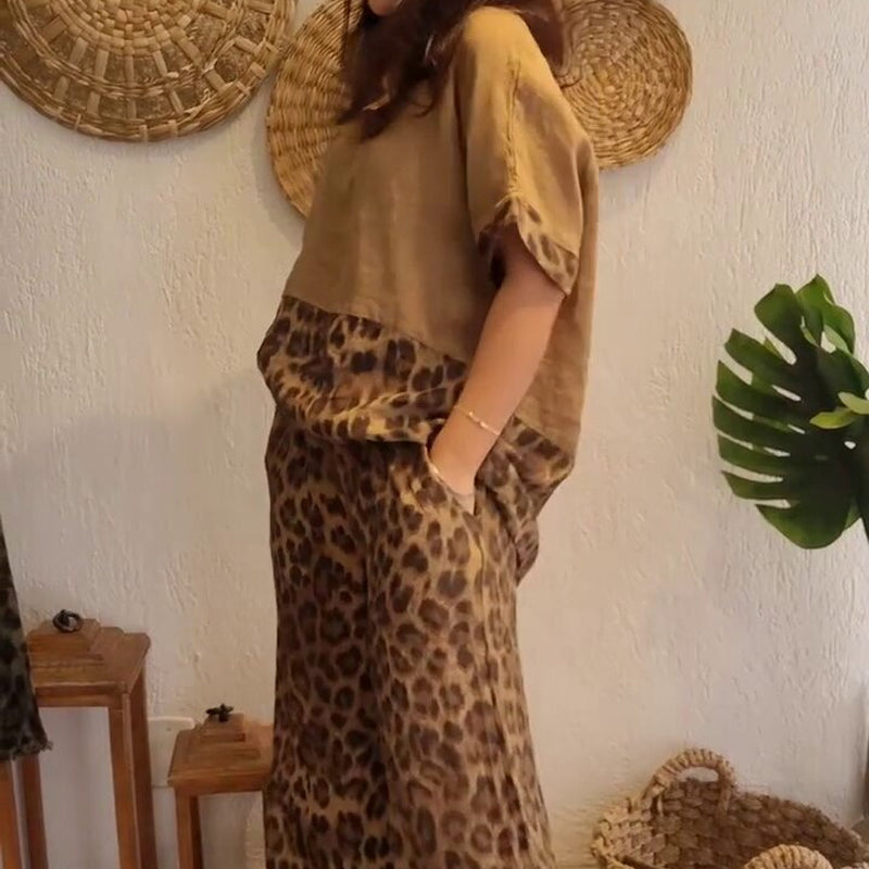 🔥Stilvolles zweiteiliges Set mit kurzärmligem Patchwork-Oberteil und Hose mit weitem Bein