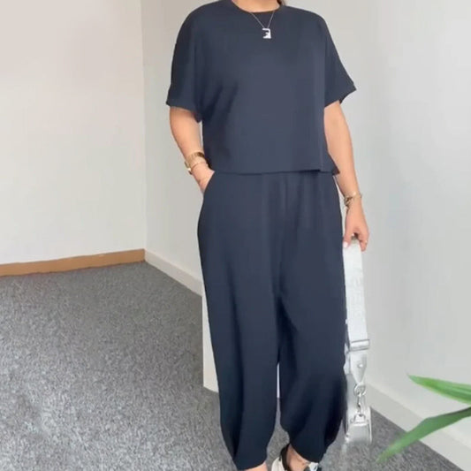 Damen lässiges zweiteiliges Set: Kurzarm-Oberteil und Hose