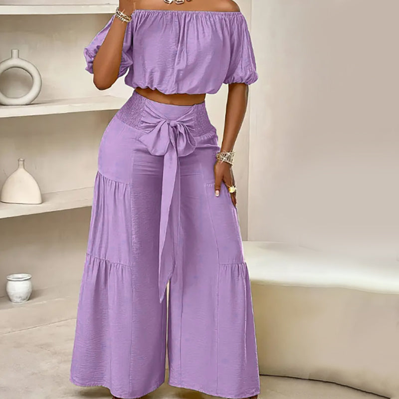 👑Damen zweiteiliges Set: Schulterfreies Oberteil mit Puffärmeln und Weitbeinhose