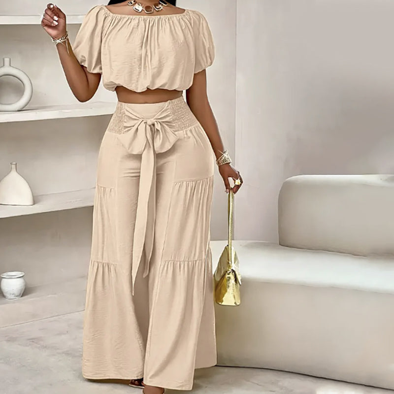 👑Damen zweiteiliges Set: Schulterfreies Oberteil mit Puffärmeln und Weitbeinhose