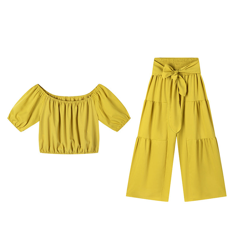 👑Damen zweiteiliges Set: Schulterfreies Oberteil mit Puffärmeln und Weitbeinhose