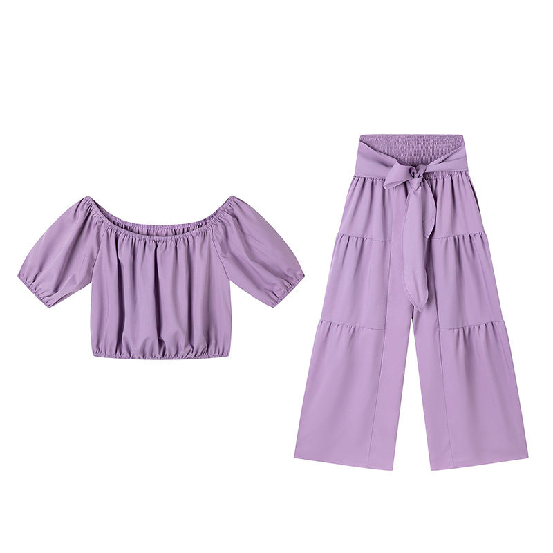 👑Damen zweiteiliges Set: Schulterfreies Oberteil mit Puffärmeln und Weitbeinhose