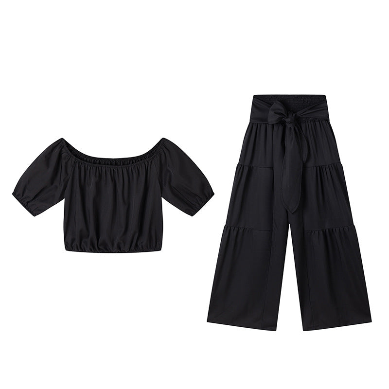 👑Damen zweiteiliges Set: Schulterfreies Oberteil mit Puffärmeln und Weitbeinhose