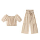 👑Damen zweiteiliges Set: Schulterfreies Oberteil mit Puffärmeln und Weitbeinhose