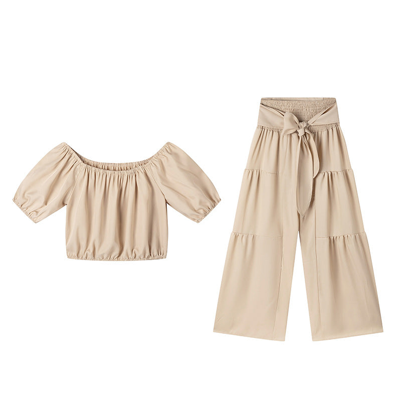 👑Damen zweiteiliges Set: Schulterfreies Oberteil mit Puffärmeln und Weitbeinhose