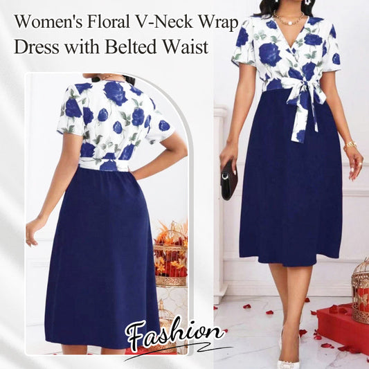👗Wickelkleid mit Blumenmuster und V-Ausschnitt und Gürtel für Damen