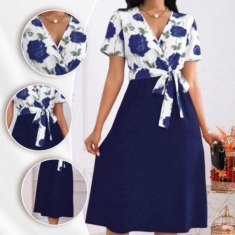 👗Wickelkleid mit Blumenmuster und V-Ausschnitt und Gürtel für Damen