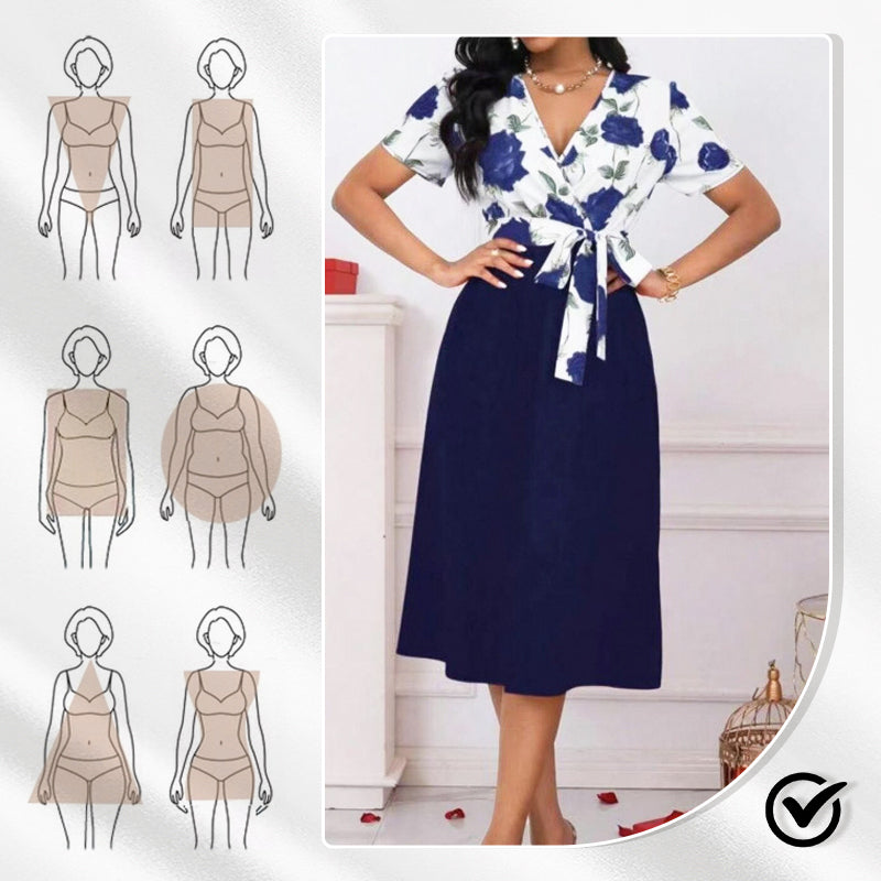 👗Wickelkleid mit Blumenmuster und V-Ausschnitt und Gürtel für Damen