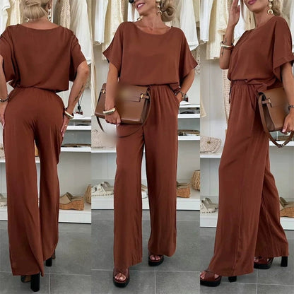 🌸Neu eingetroffen 50 % Rabatt💖Einfarbiger Zweiteiler mit Kurzarmshirt und Hose mit Kordelzug