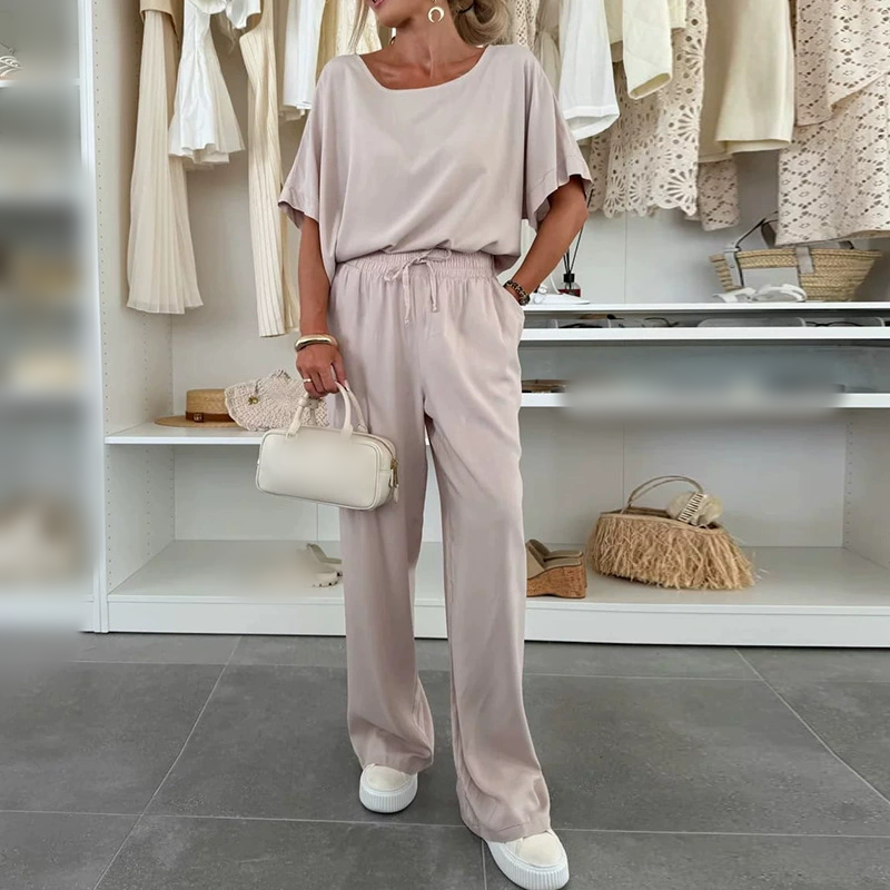🌸Neu eingetroffen 50 % Rabatt💖Einfarbiger Zweiteiler mit Kurzarmshirt und Hose mit Kordelzug