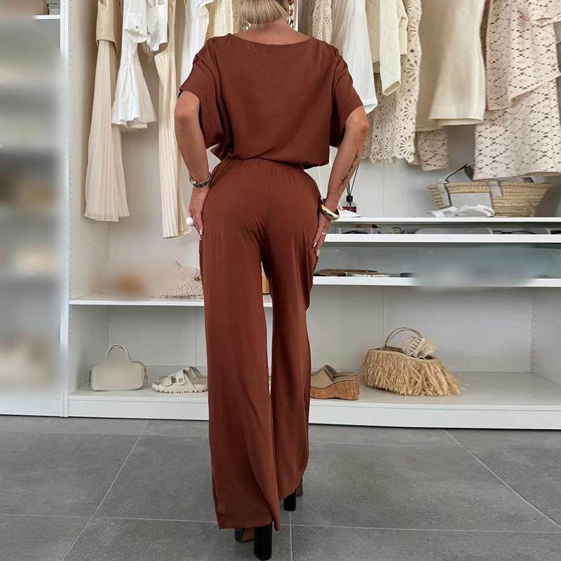 🌸Neu eingetroffen 50 % Rabatt💖Einfarbiger Zweiteiler mit Kurzarmshirt und Hose mit Kordelzug