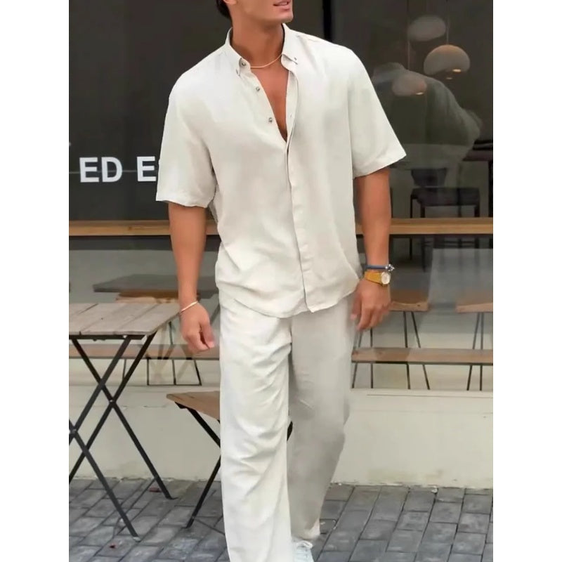 ✨Heißer Verkauf 50 % Rabatt✨Herren-Kurzarmhemden mit einfarbigem Revers ＆ Hosen-2-teiliges Set👔