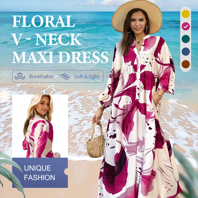 ⏳Begrenzte Zeit 50% Rabatt💥🌞Maxikleid mit V-Ausschnitt und Blumenmuster für Damen