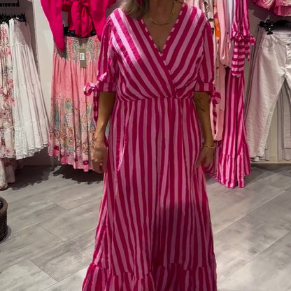 💞Lässiges gestreiftes Kleid für Damen mit V-Ausschnitt