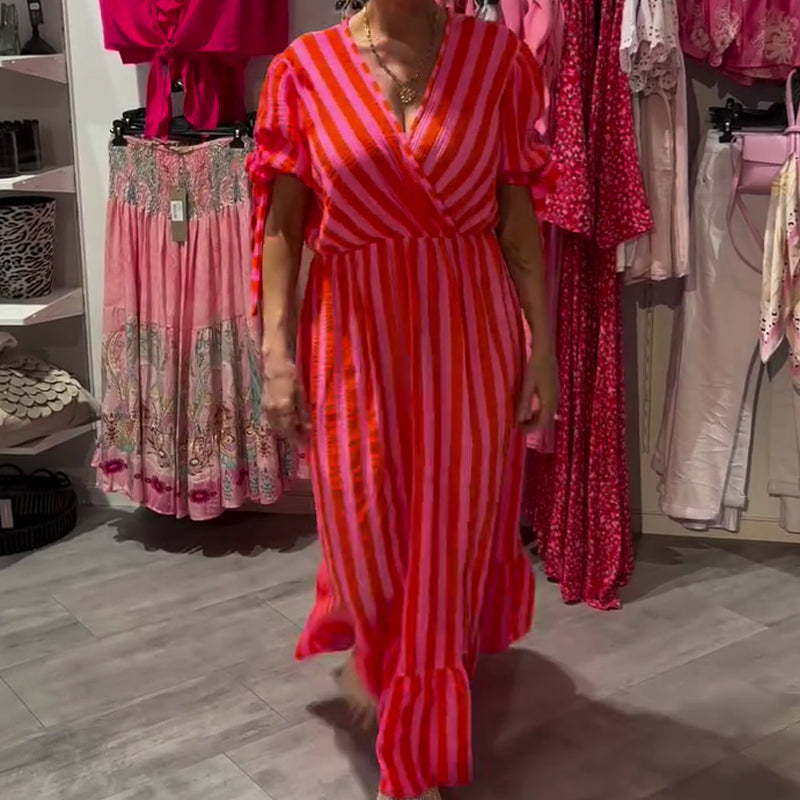 💞Lässiges gestreiftes Kleid für Damen mit V-Ausschnitt