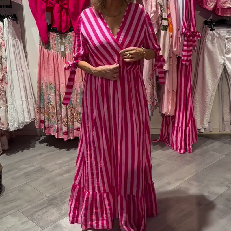 💞Lässiges gestreiftes Kleid für Damen mit V-Ausschnitt