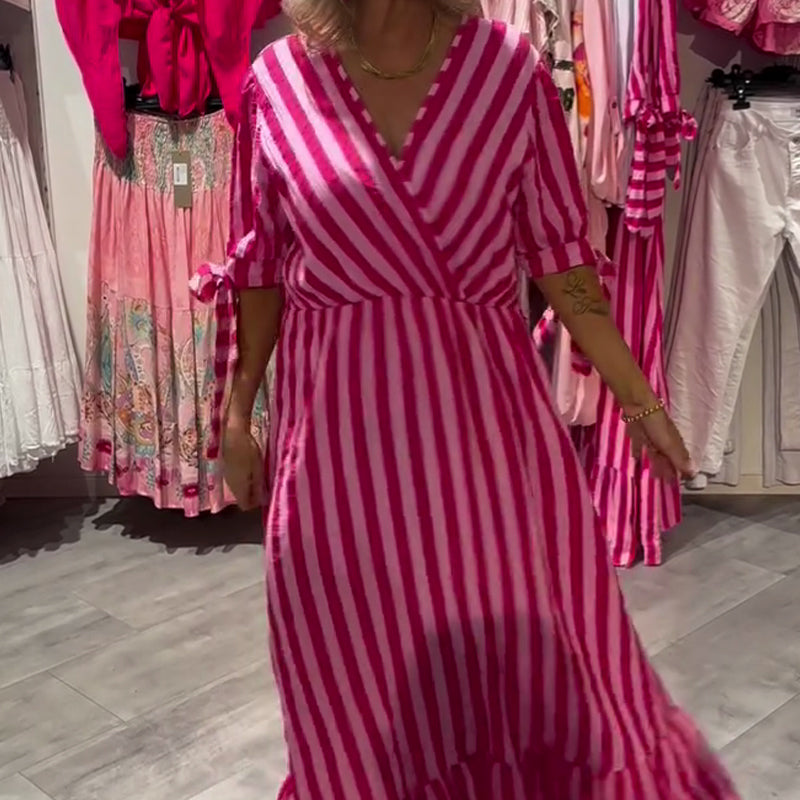 💞Lässiges gestreiftes Kleid für Damen mit V-Ausschnitt