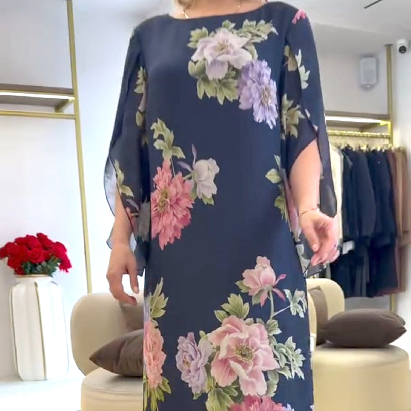 🌺Elegantes, langes Kleid mit Rundhalsausschnitt und Print für Damen