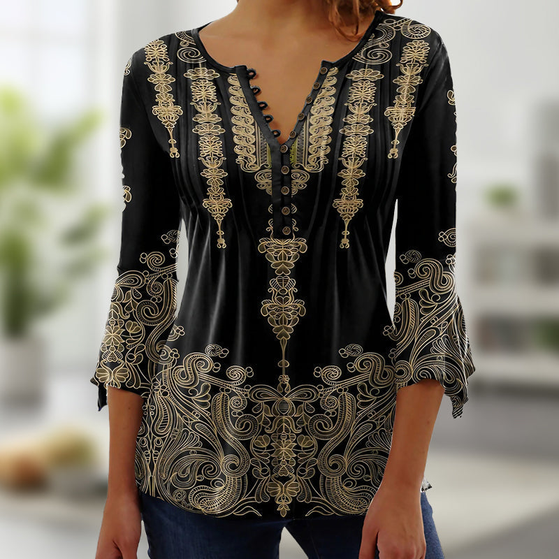 🔥👚Blumenbluse mit V-Ausschnitt, Knopfleiste und Trompetenärmeln