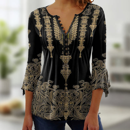 🔥👚Blumenbluse mit V-Ausschnitt, Knopfleiste und Trompetenärmeln