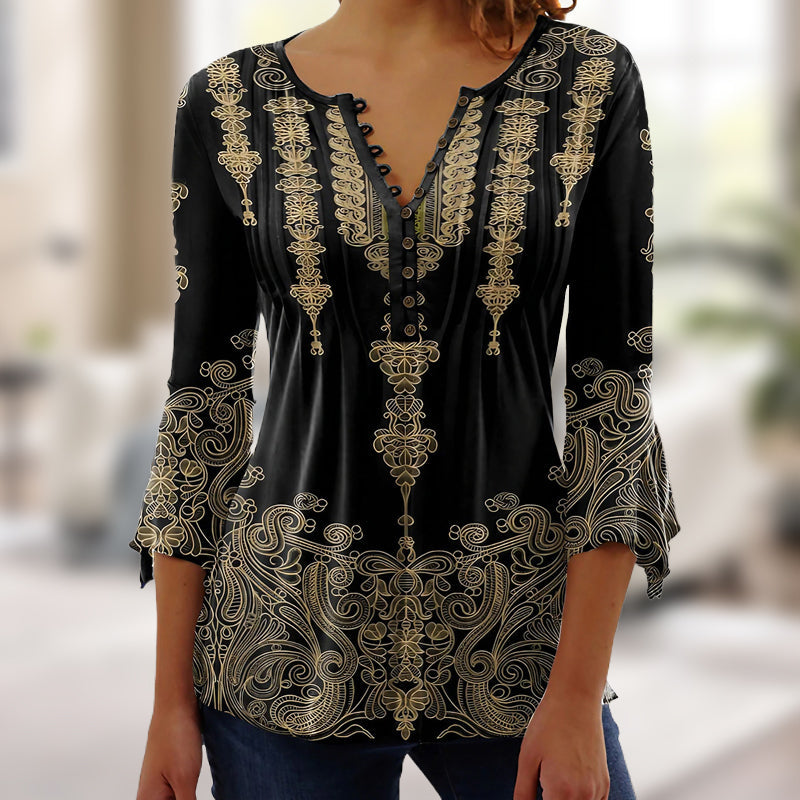 🔥👚Blumenbluse mit V-Ausschnitt, Knopfleiste und Trompetenärmeln