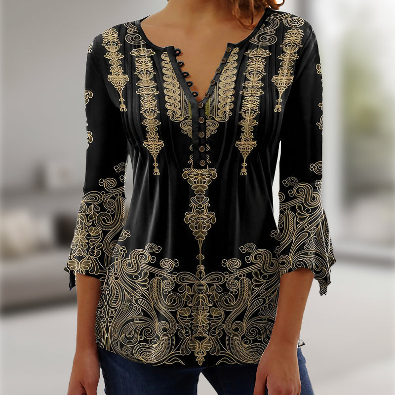 🔥👚Blumenbluse mit V-Ausschnitt, Knopfleiste und Trompetenärmeln
