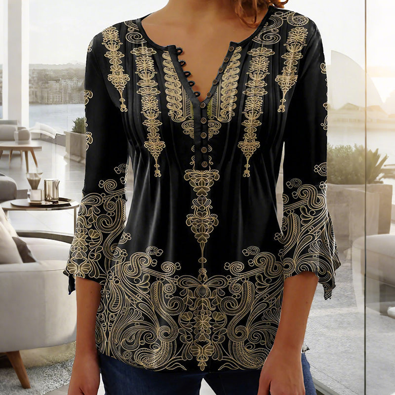 🔥👚Blumenbluse mit V-Ausschnitt, Knopfleiste und Trompetenärmeln
