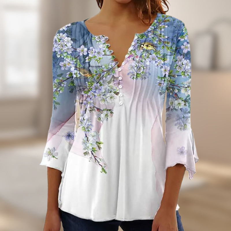 🔥👚Blumenbluse mit V-Ausschnitt, Knopfleiste und Trompetenärmeln
