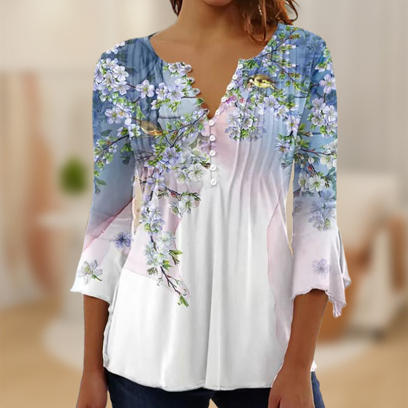 🔥👚Blumenbluse mit V-Ausschnitt, Knopfleiste und Trompetenärmeln