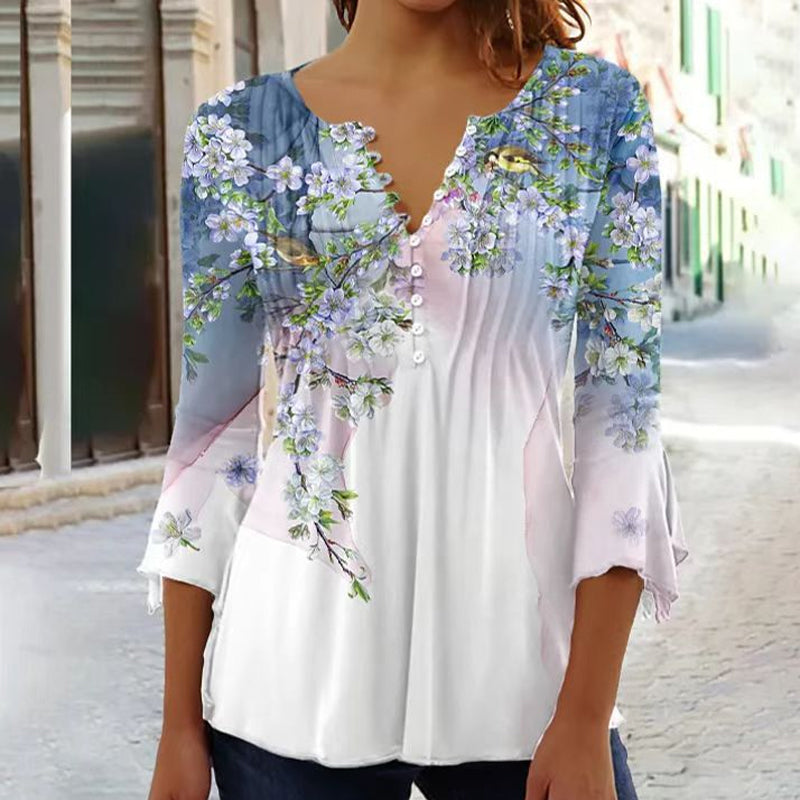 🔥👚Blumenbluse mit V-Ausschnitt, Knopfleiste und Trompetenärmeln