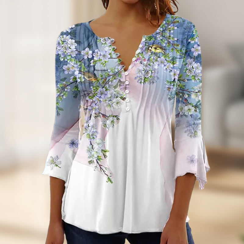 🔥👚Blumenbluse mit V-Ausschnitt, Knopfleiste und Trompetenärmeln