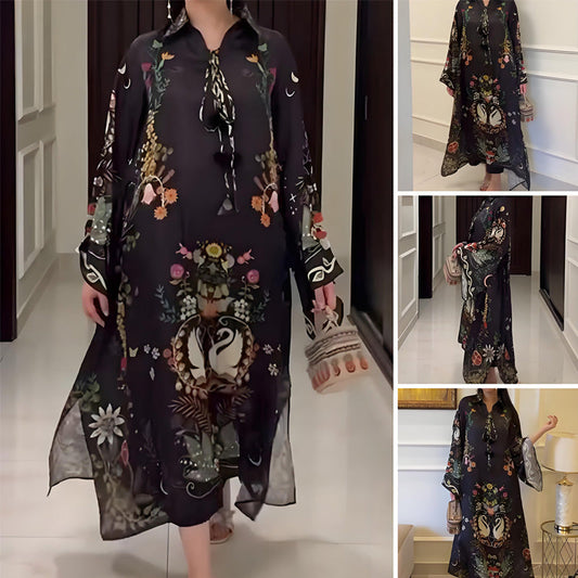 Bedrucktes, lockeres, langärmliges Maxikleid mit V-Ausschnitt für Damen