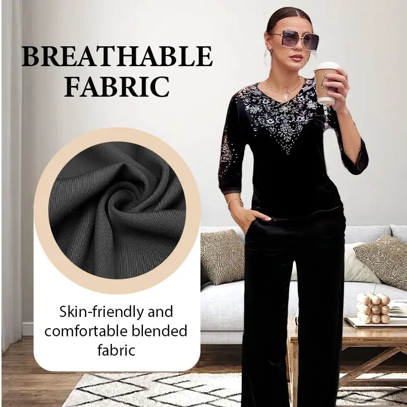 ✨ Elegantes 2-teiliges Samt-Set mit Kristallverzierungen | Perfekt für Büro, Abendessen & Feiern | Atmungsaktiv & Bequem | In Übergrößen XL-4XL verfügbar 👗💎