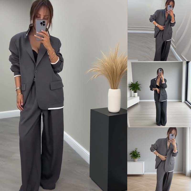 Damen-Zweiteiler: Blazer mit langen Ärmeln & Hose mit weitem Bein