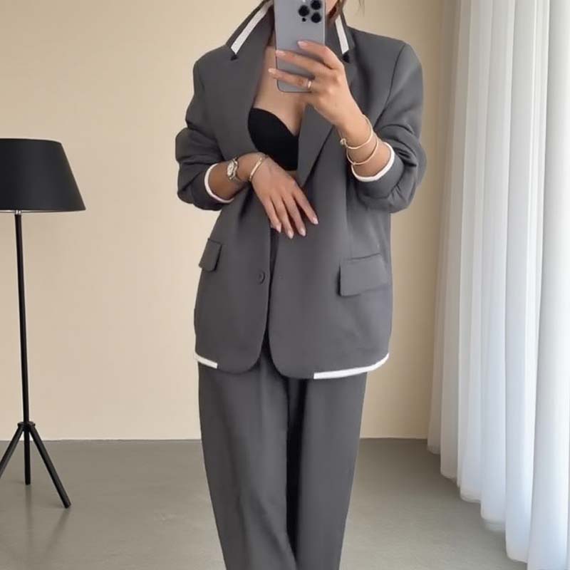 Damen-Zweiteiler: Blazer mit langen Ärmeln & Hose mit weitem Bein
