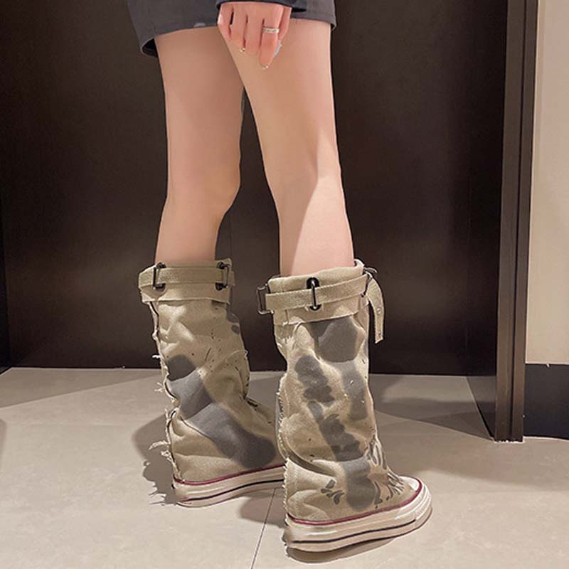 💗Begrenzte Stückzahl verfügbar 50 % Rabatt💗Flache Retro-Stiefel aus Canvas mit mittlerem Schaft für Damen