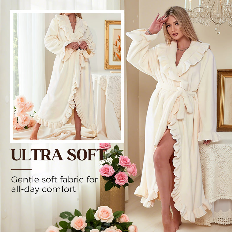 Damen Fleece Morgenmantel – Warmer Winter Bademantel mit Langarm, Französischer Vintage-Stil, Flauschiger Hausmantel für Zuhause