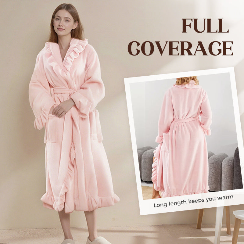 Damen Fleece Morgenmantel – Warmer Winter Bademantel mit Langarm, Französischer Vintage-Stil, Flauschiger Hausmantel für Zuhause