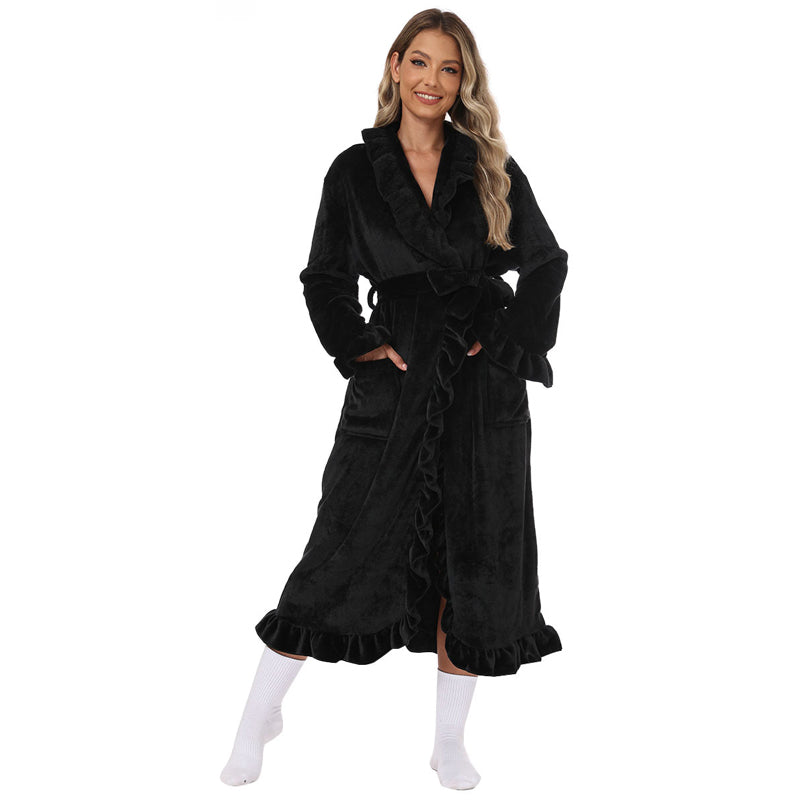 Damen Fleece Morgenmantel – Warmer Winter Bademantel mit Langarm, Französischer Vintage-Stil, Flauschiger Hausmantel für Zuhause