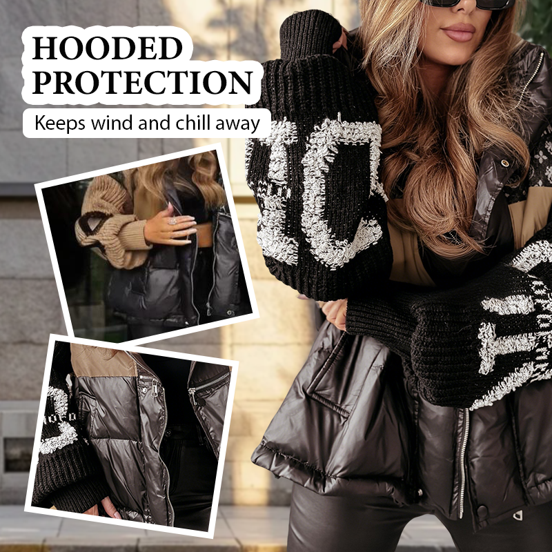 Damen Steppjacke mit Kapuze, Strickärmeln und Patchwork-Design