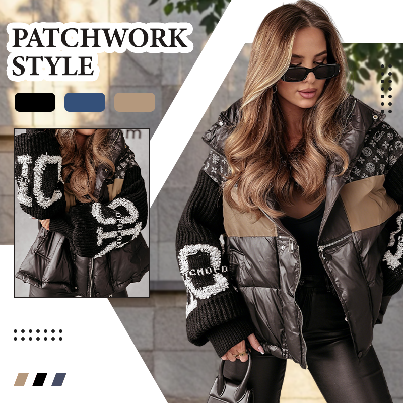 Damen Steppjacke mit Kapuze, Strickärmeln und Patchwork-Design